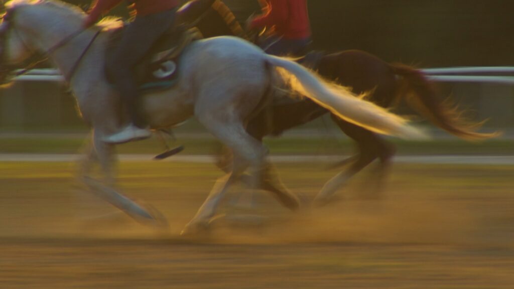 Film still with running horse.